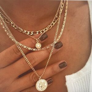 Layered Gold Coin & Sun Charm Necklace Set - Women Jewelry